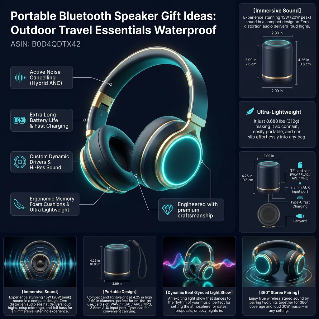 Technical specifications infographic for Portable Bluetooth Speaker 15W with Bluetooth 5.3, LED Lights and Water Resistance
