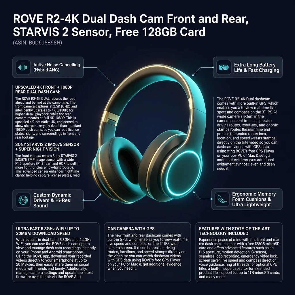Infographic tổng quan thông số và tính năng ROVE R2-4K Dual Camera Hành Trình Trước Sau, STARVIS 2, Tặng Thẻ 128GB