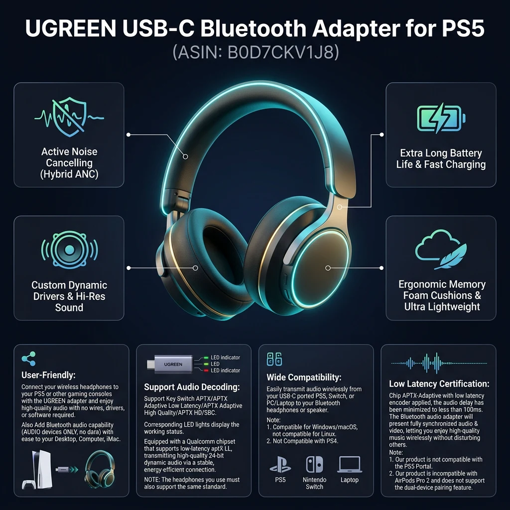 Technical specifications infographic for UGREEN 45008 USB-C Bluetooth Adapter for PS5 with aptX Low Latency