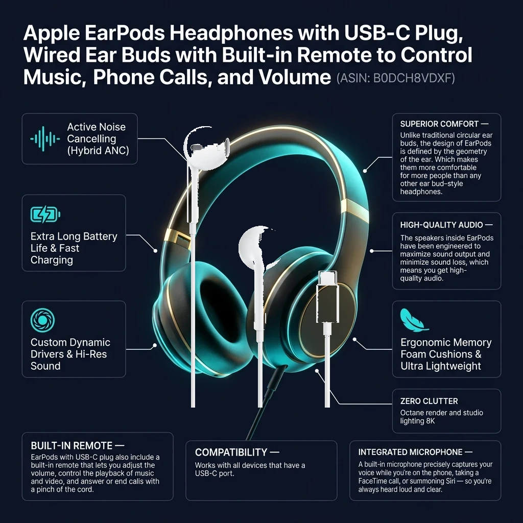 Infographic tổng quan thông số và tính năng Apple EarPods USB-C Tai Nghe Có Dây, Micro và Remote Điều Khiển