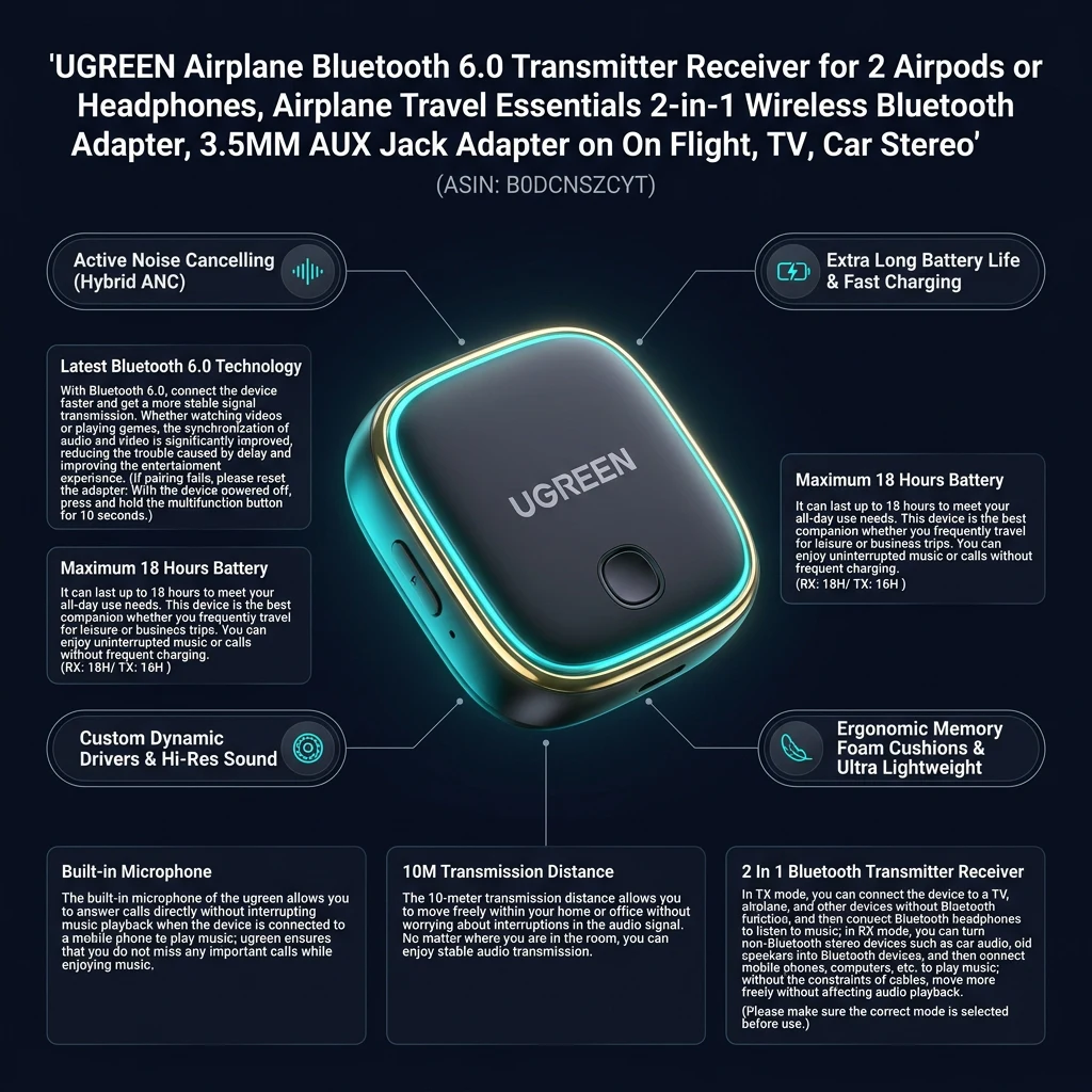 Infographic tổng quan thông số và tính năng UGREEN Airplane Bluetooth 6.0 Transmitter Receiver TX/RX 2-in-1