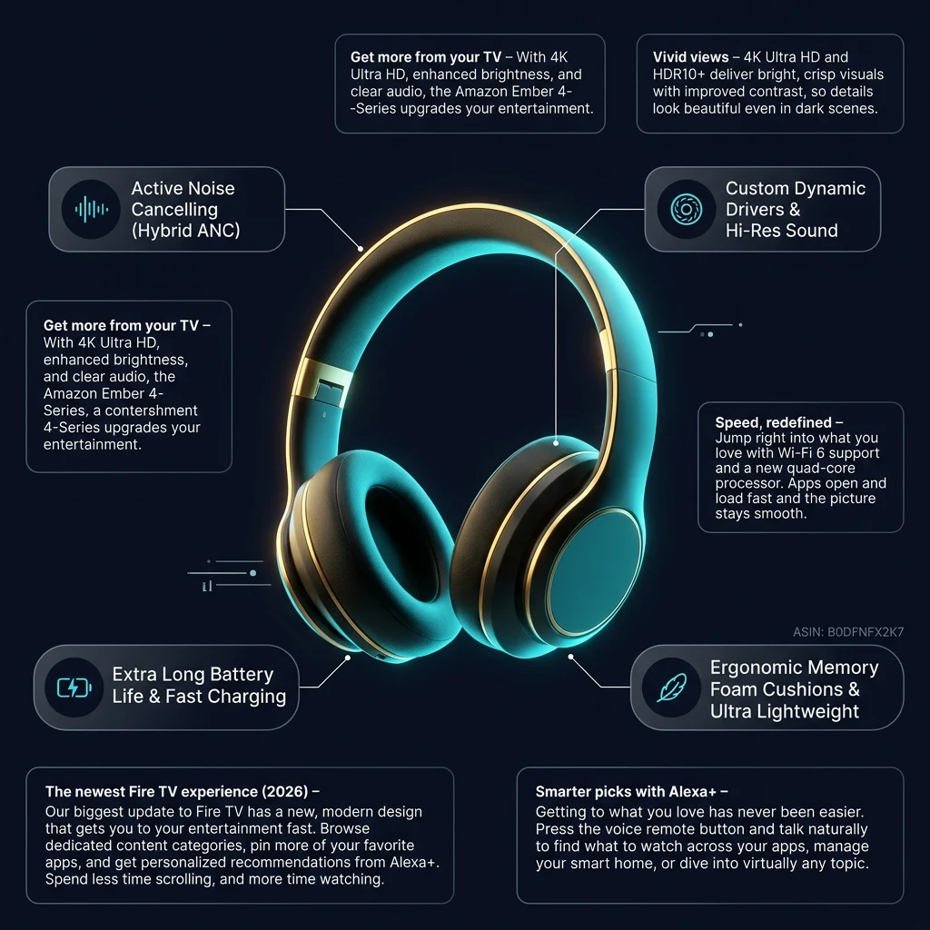 Infographic tổng quan thông số và tính năng Amazon Ember 55" 4-Series 4K Fire TV HDR10+ Alexa Remote