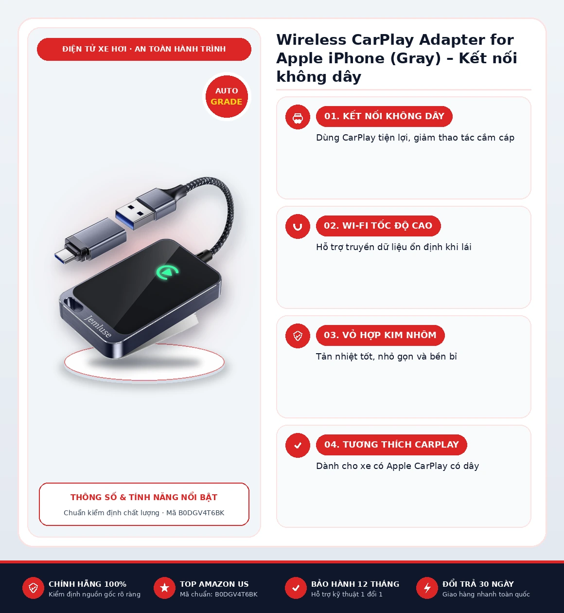 Infographic tổng quan thông số và tính năng Wireless CarPlay Adapter for Apple iPhone (Gray) – Kết nối không dây