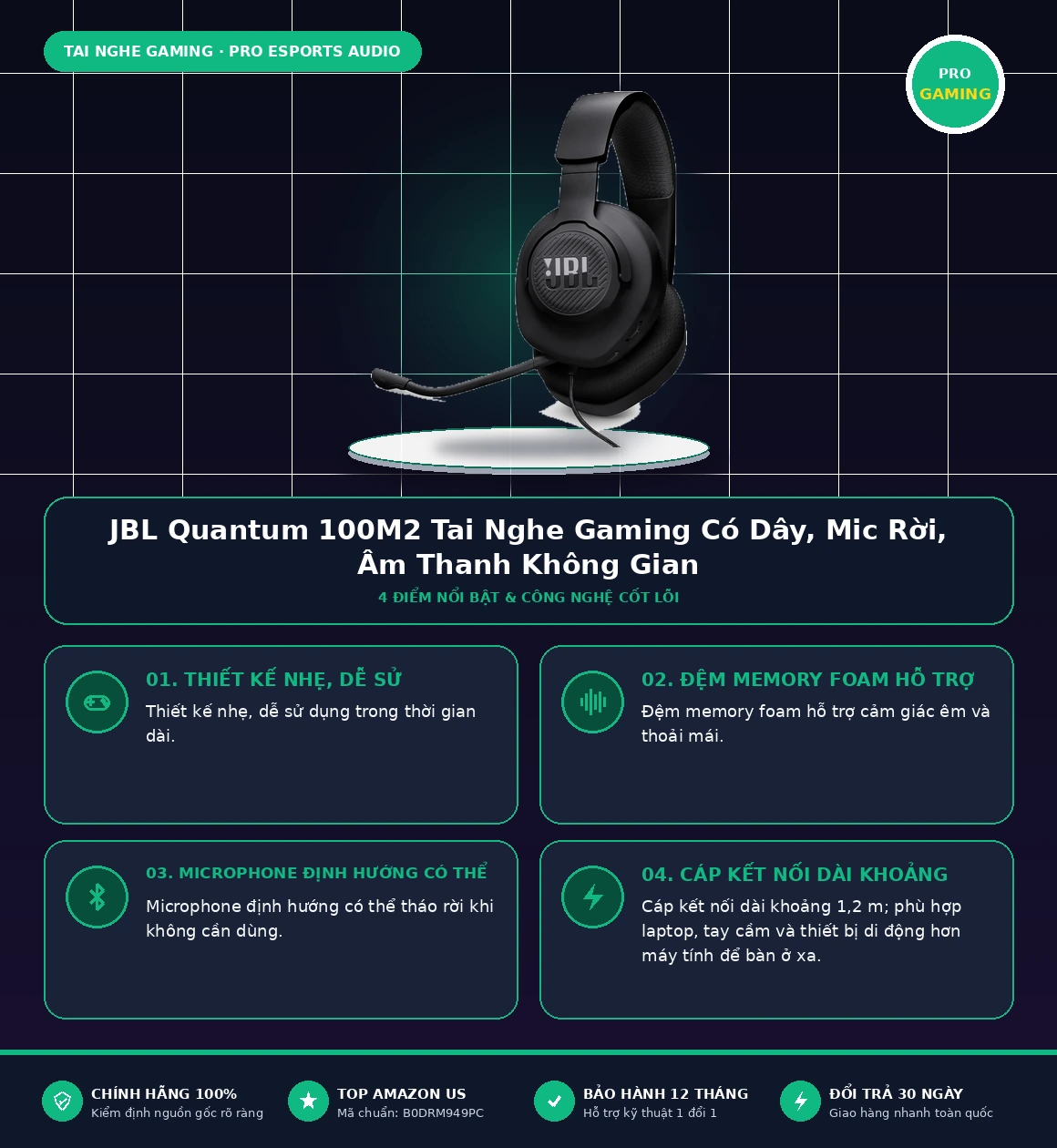 Infographic tổng quan thông số và tính năng JBL Quantum 100M2 Tai Nghe Gaming Có Dây, Mic Rời, Âm Thanh Không Gian