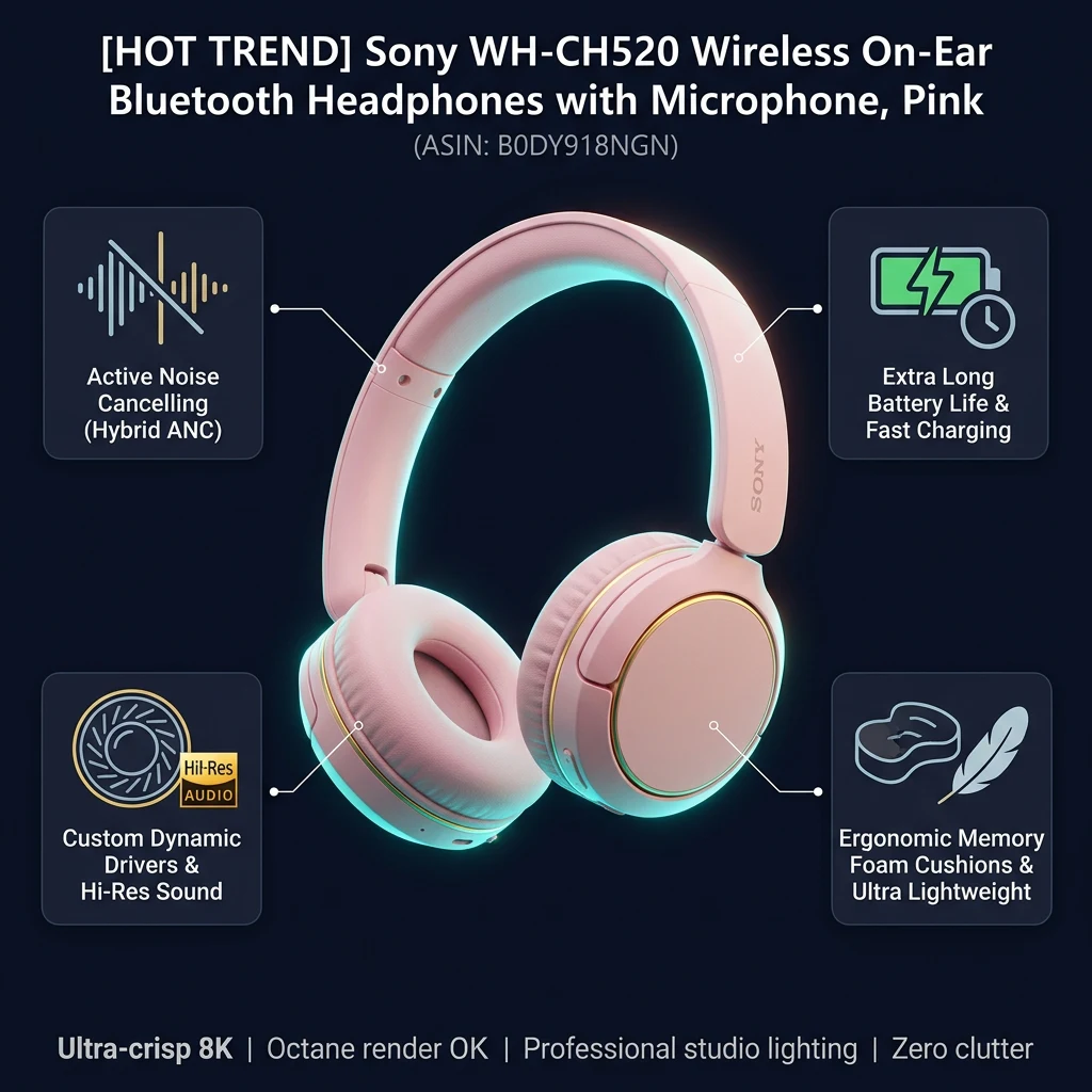 Infographic tổng quan thông số và tính năng Tai nghe Sony WH-CH520 Bluetooth không dây On-Ear màu hồng, pin 50 giờ