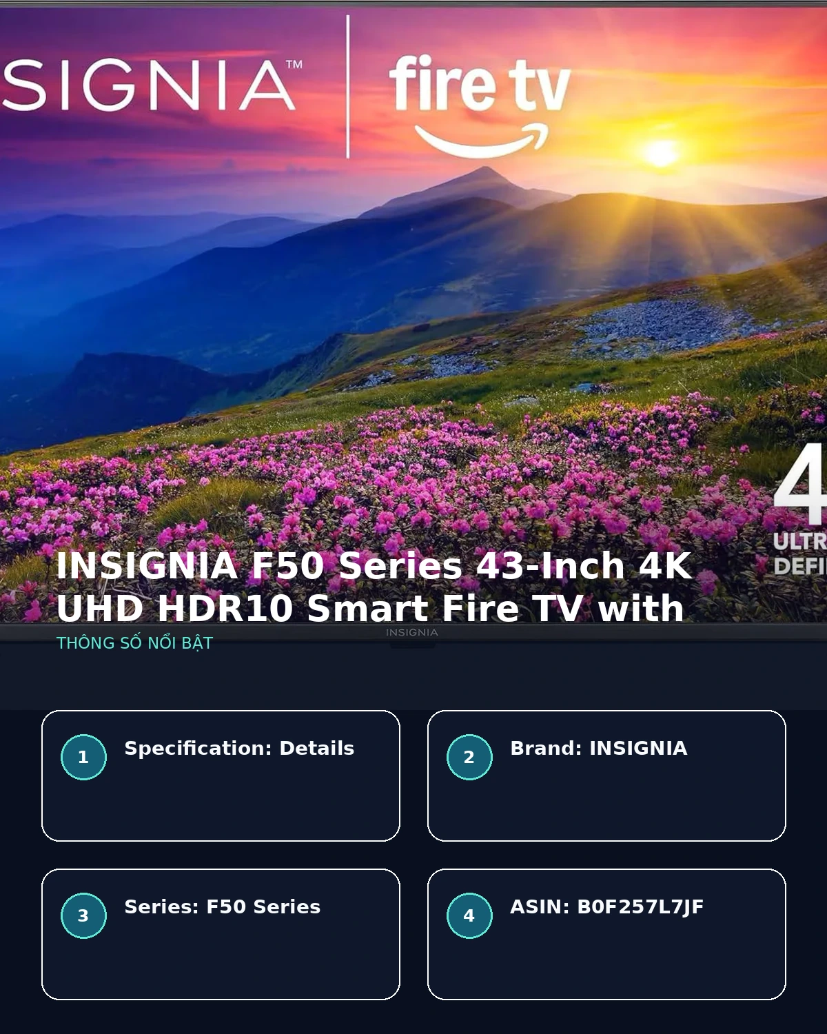 Infographic thông số TV INSIGNIA F50 43 inch, cổng kết nối và tính năng nổi bật