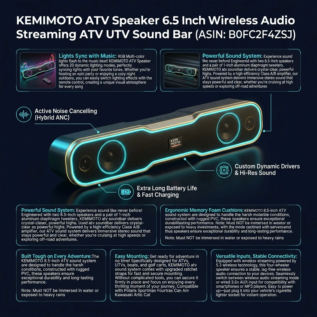 Infographic tổng quan thông số và tính năng KEMIMOTO ATV Speaker 6.5 Inch Loa Bluetooth 5.3 RGB Cho ATV UTV