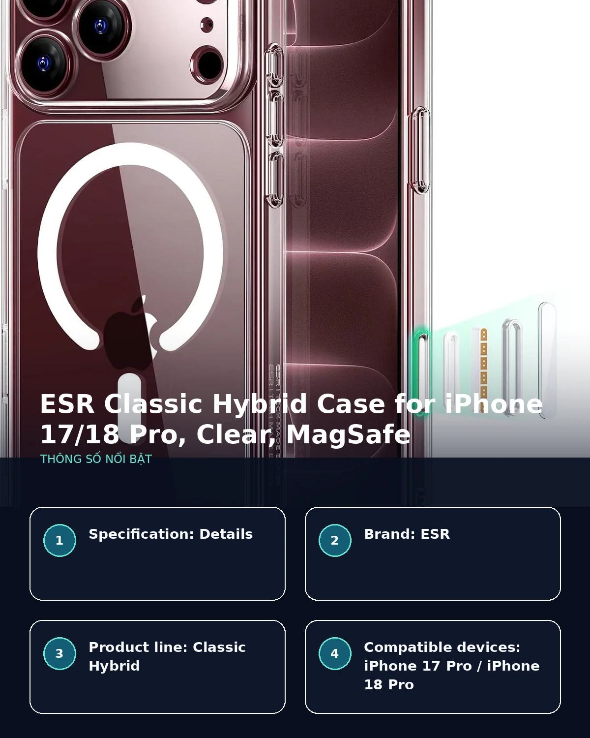 Ốp ESR Classic Hybrid trong suốt cho iPhone 17 và 18 Pro với vòng nam châm MagSafe