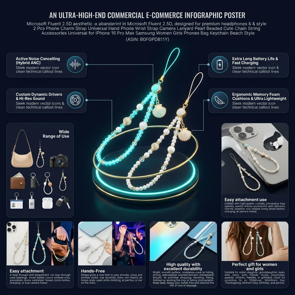 Infographic tổng quan thông số và tính năng Dây Đeo Điện Thoại Hạt Ngọc Trai 2 Cái | Tai Nghe Giá Tốt