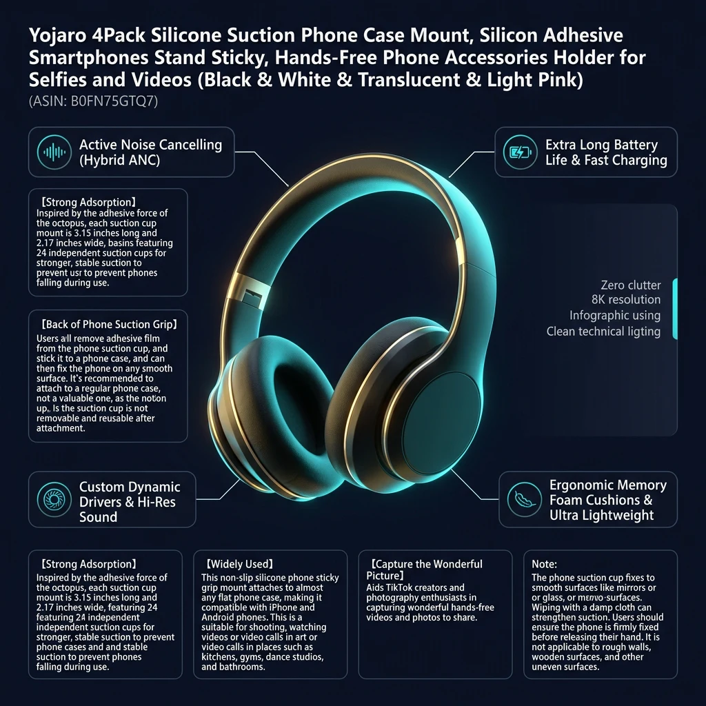 Technical specifications infographic for Yojaro 4-Pack Silicone Suction Phone Mount for Hands-Free Use