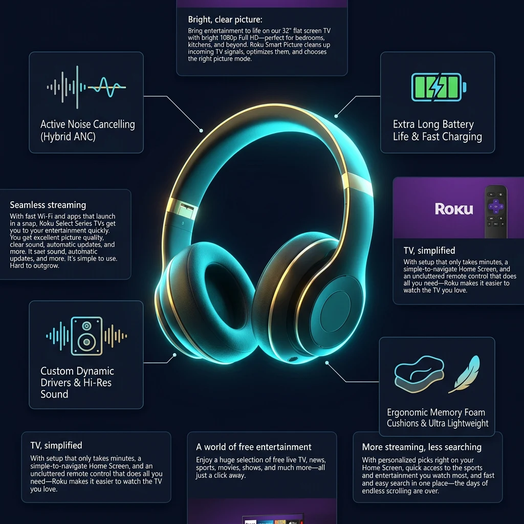 Infographic tổng quan thông số và tính năng Roku 32-Inch Select Series Smart TV 2026 Full HD 1080p