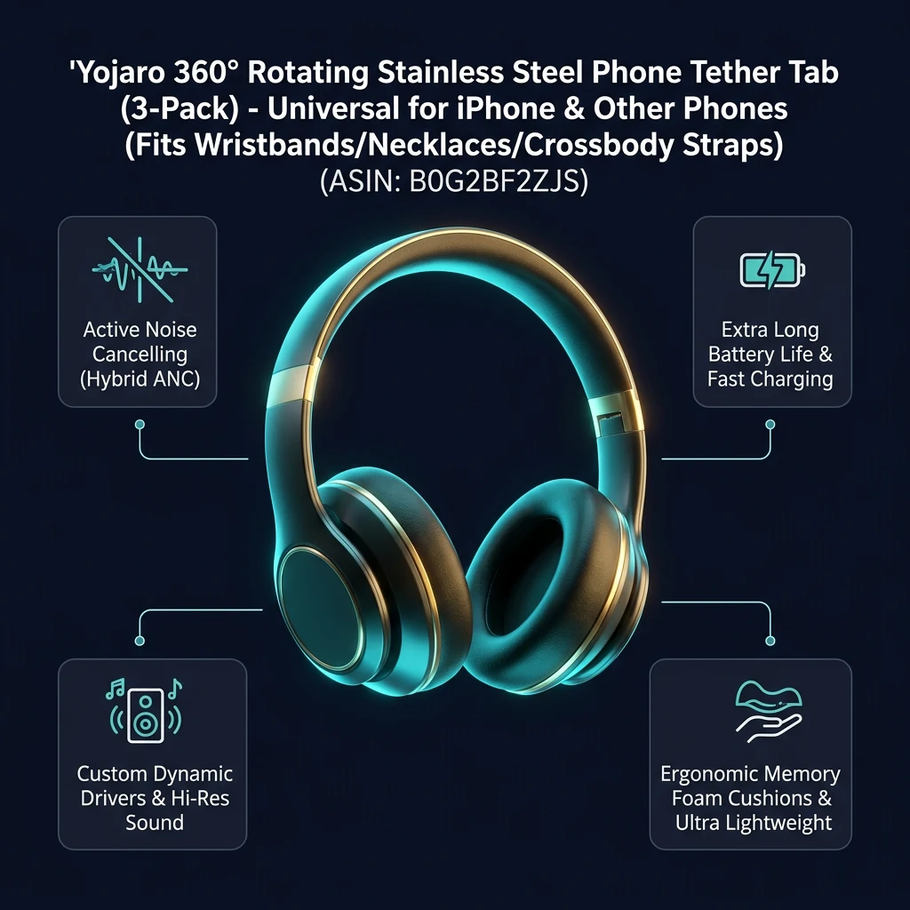 Technical specifications infographic for Yojaro 360° Rotating Stainless Steel Phone Tether Tab, 3-Pack