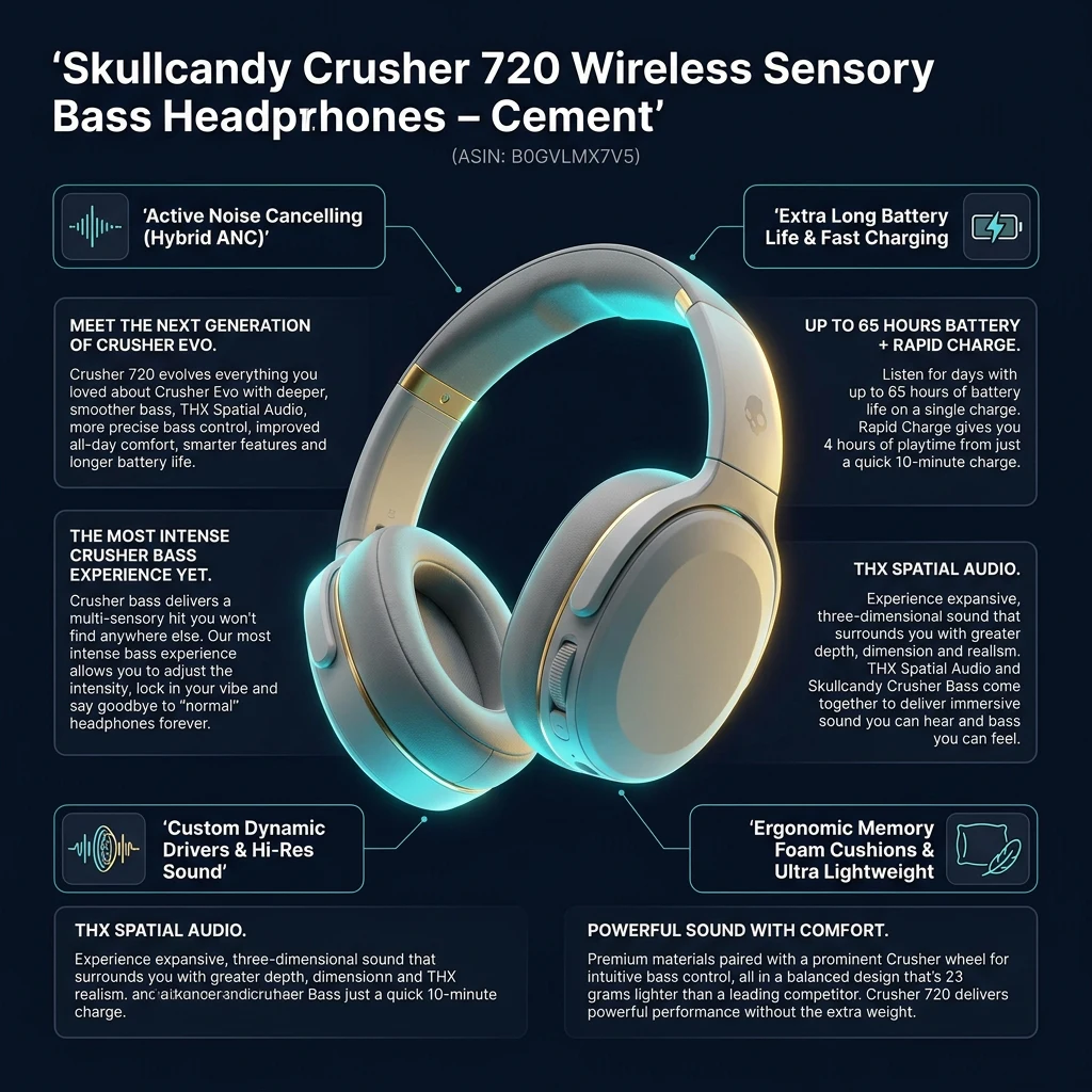 Infographic tổng quan thông số và tính năng Skullcandy Crusher 720 Wireless Cement – Bass cảm biến, THX Spatial Audio