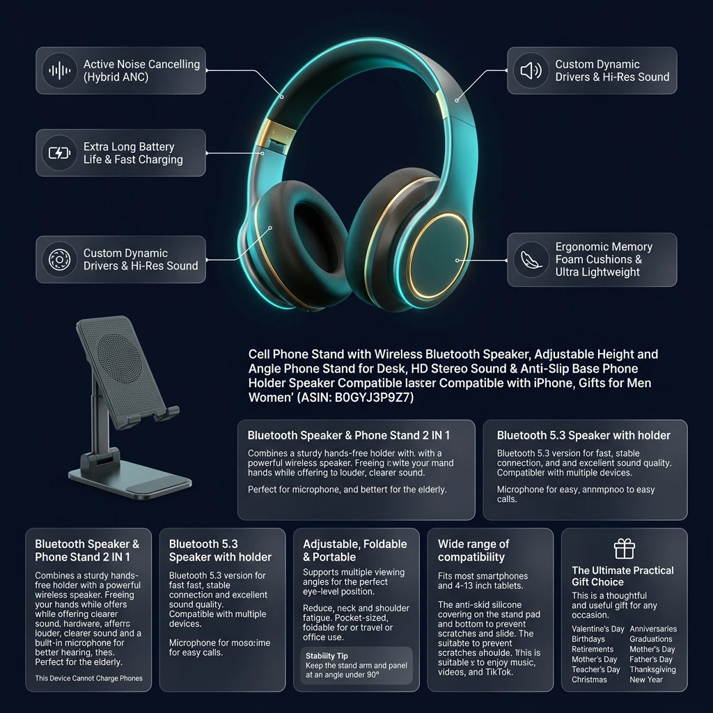 Infographic tổng quan thông số và tính năng Giá Đỡ Điện Thoại Kèm Loa Bluetooth 5.3 2 Trong 1, Gập Gọn