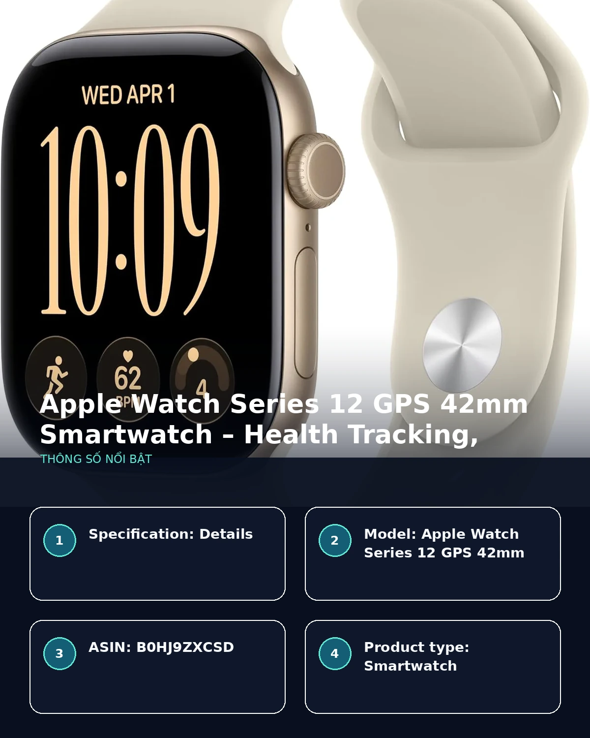 Infographic Apple Watch Series 12 42mm theo dõi sức khỏe, nhịp tim và thời lượng pin